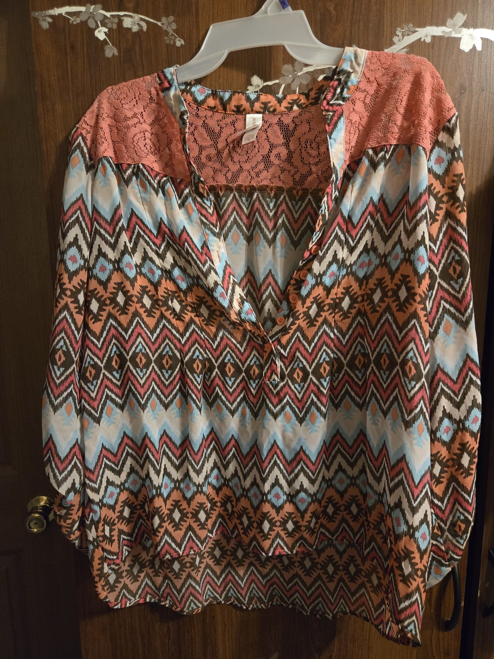 No Boundaries Aztec Print Crochet Yoke Blouse in Rust, Turquoise, Brown